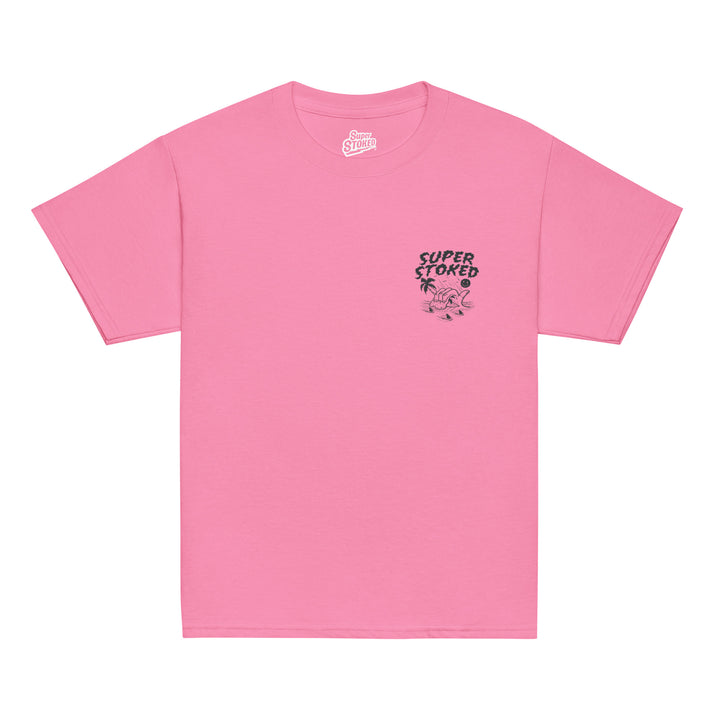 Sharker Barrel Youth Classic T-shirt in Azalea, front view — Super Stoked