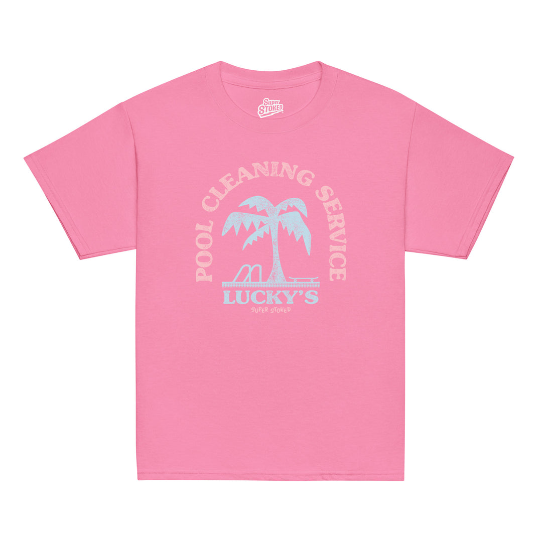 Luckys Youth Classic T-shirt in Azalea, front view — Super Stoked
