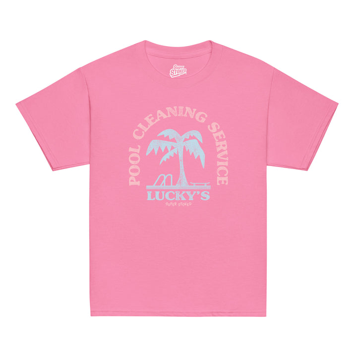 Luckys Youth Classic T-shirt in Azalea, front view — Super Stoked