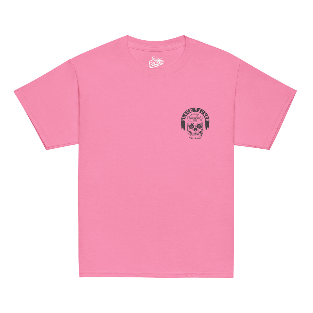 Skate or Die Youth Classic T-shirt in Azalea, front view — Super Stoked