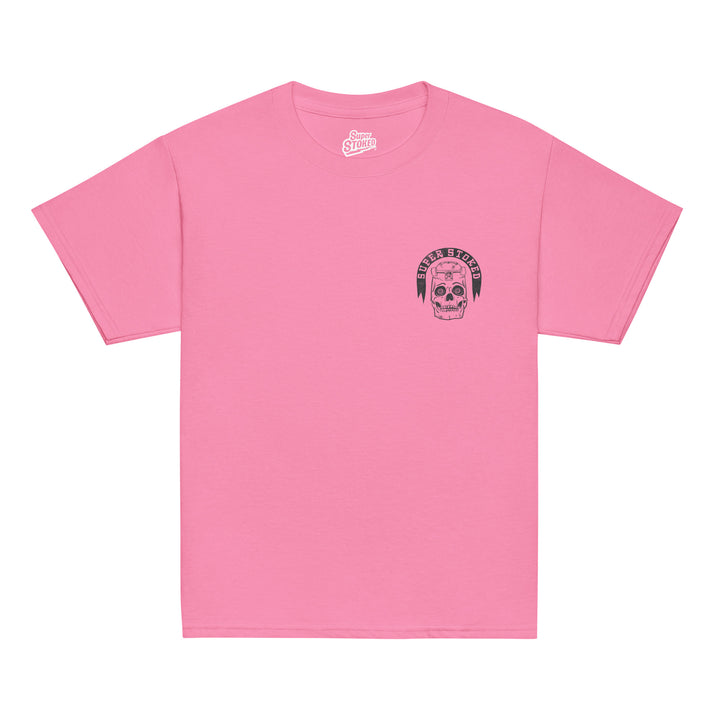 Skate or Die Youth Classic T-shirt in Azalea, front view — Super Stoked