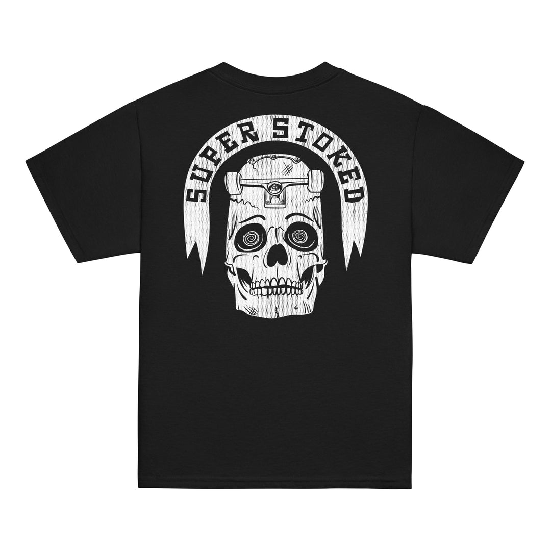 Skate or Die Dark Base Youth Classic T-shirt in Black, back view — Super Stoked