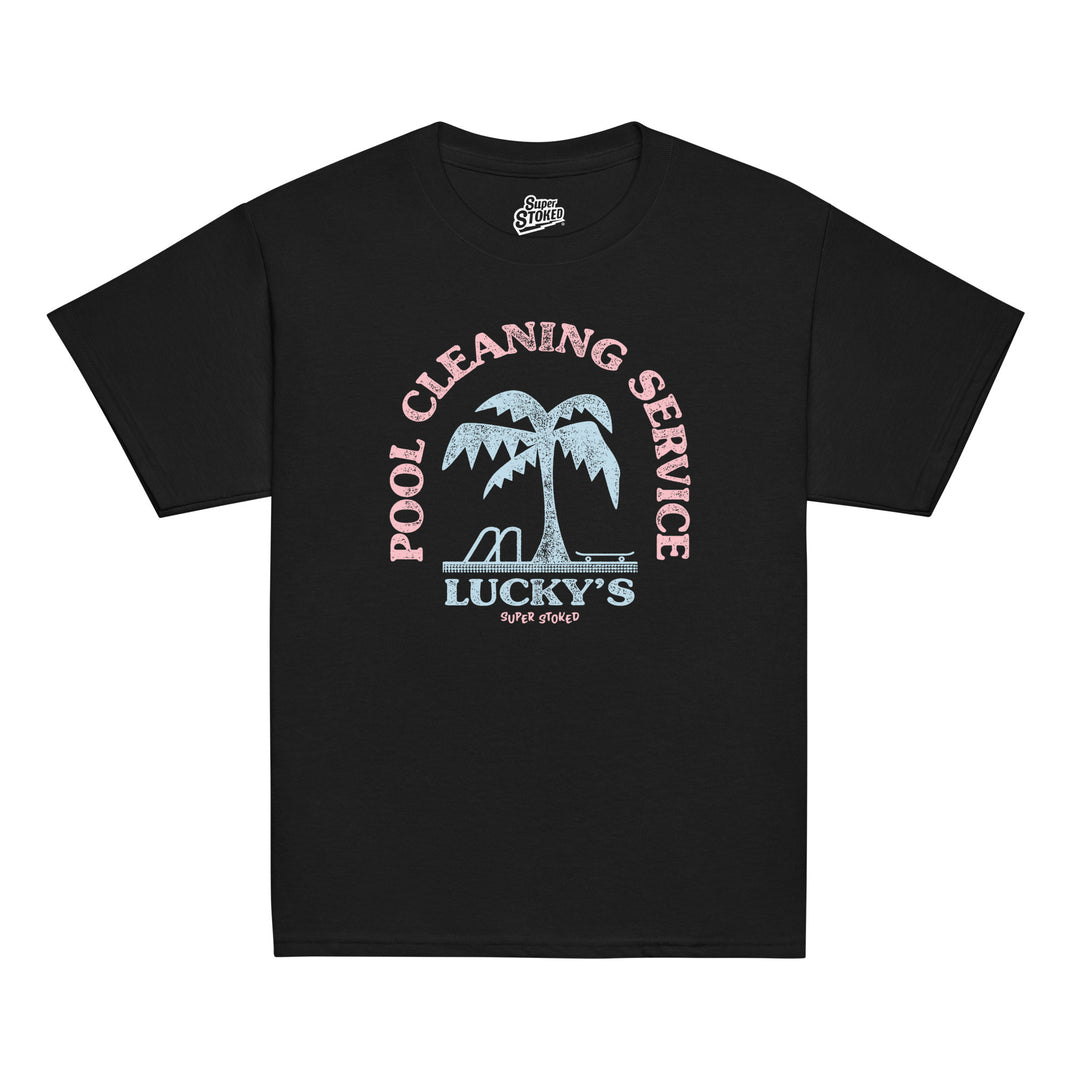 Luckys Youth Classic T-shirt in Black, front view — Super Stoked