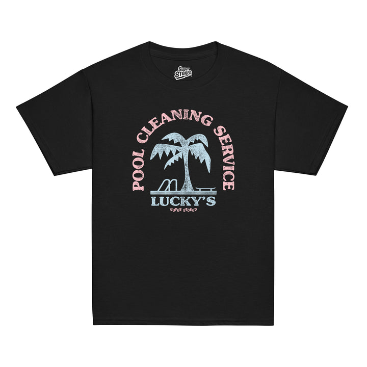 Luckys Youth Classic T-shirt in Black, front view — Super Stoked