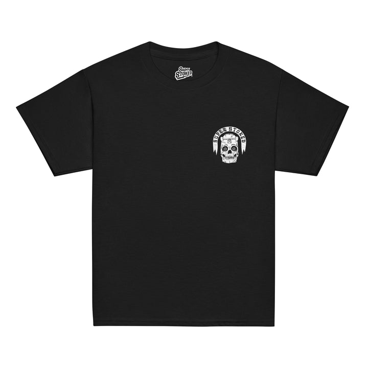 Skate or Die Dark Base Youth Classic T-shirt in Black, front view — Super Stoked
