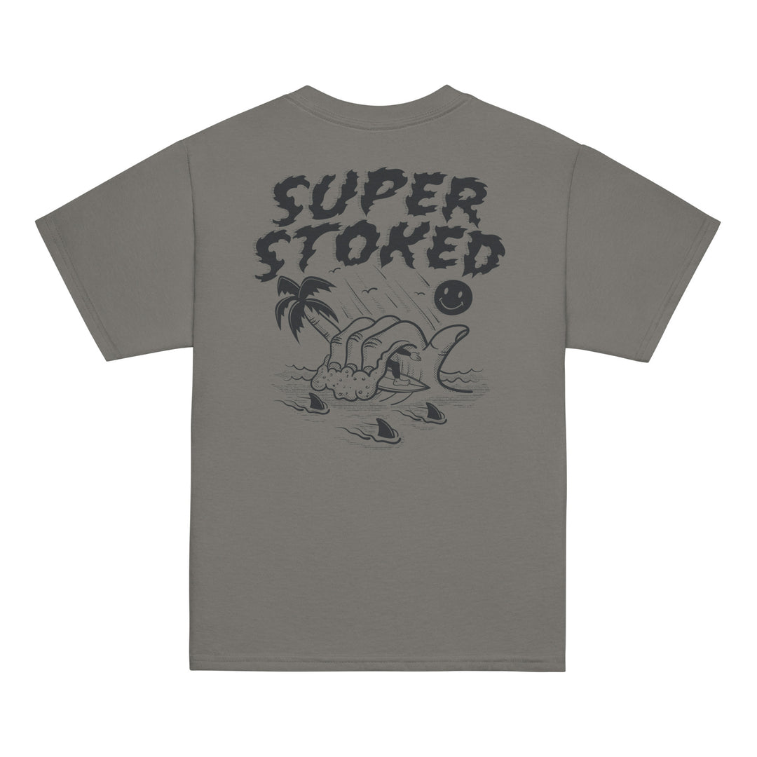 Sharker Barrel Youth Classic T-shirt in Charcoal, back view — Super Stoked