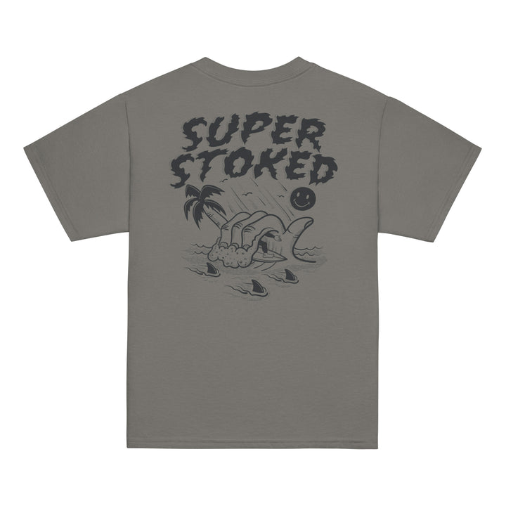 Sharker Barrel Youth Classic T-shirt in Charcoal, back view — Super Stoked