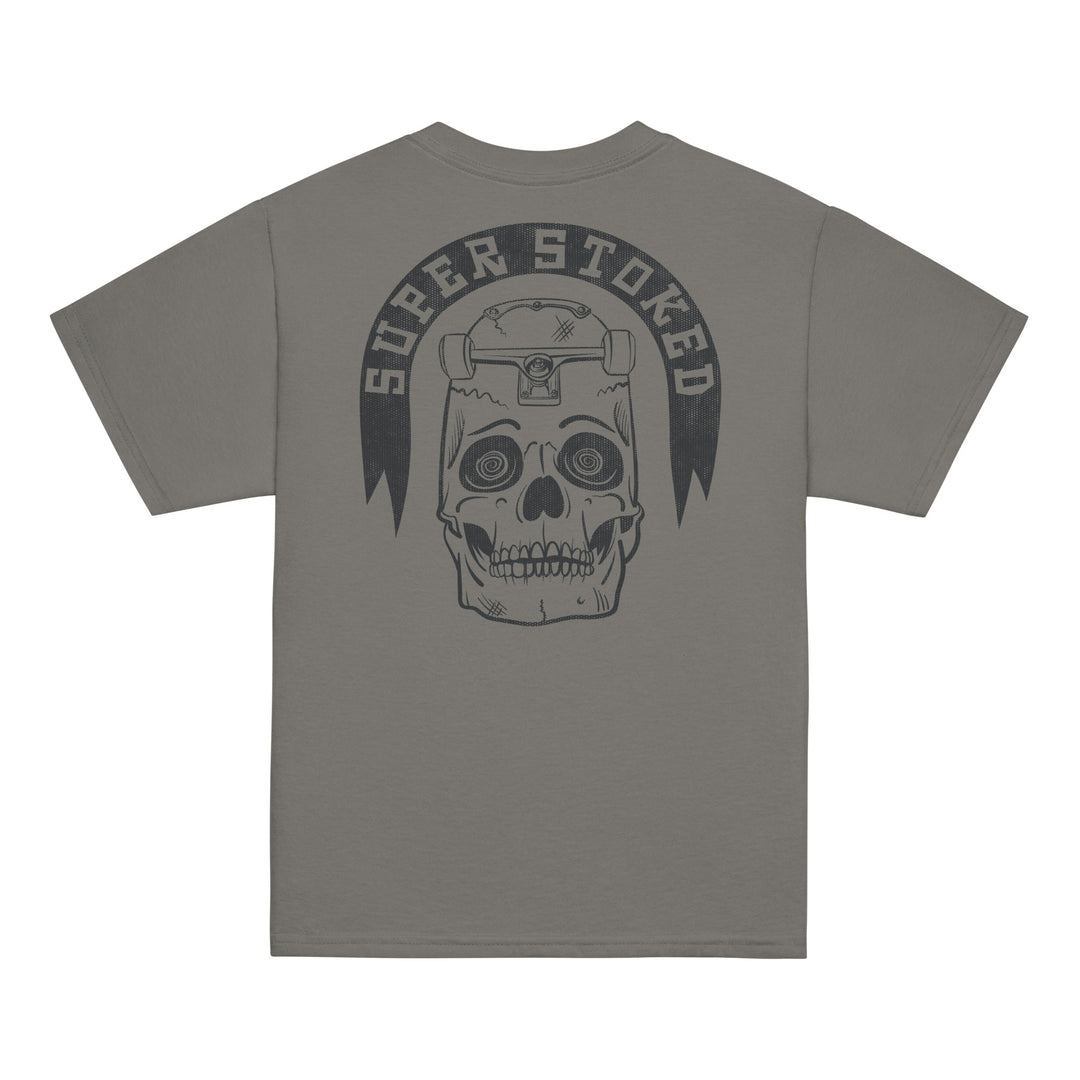 Skate or Die Youth Classic T-shirt in Charcoal, back view — Super Stoked