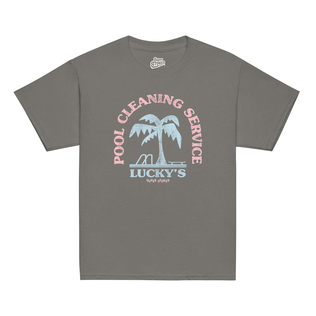 Luckys Youth Classic T-shirt in Charcoal, front view — Super Stoked