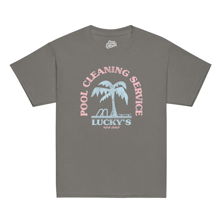 Luckys Youth Classic T-shirt in Charcoal, front view — Super Stoked