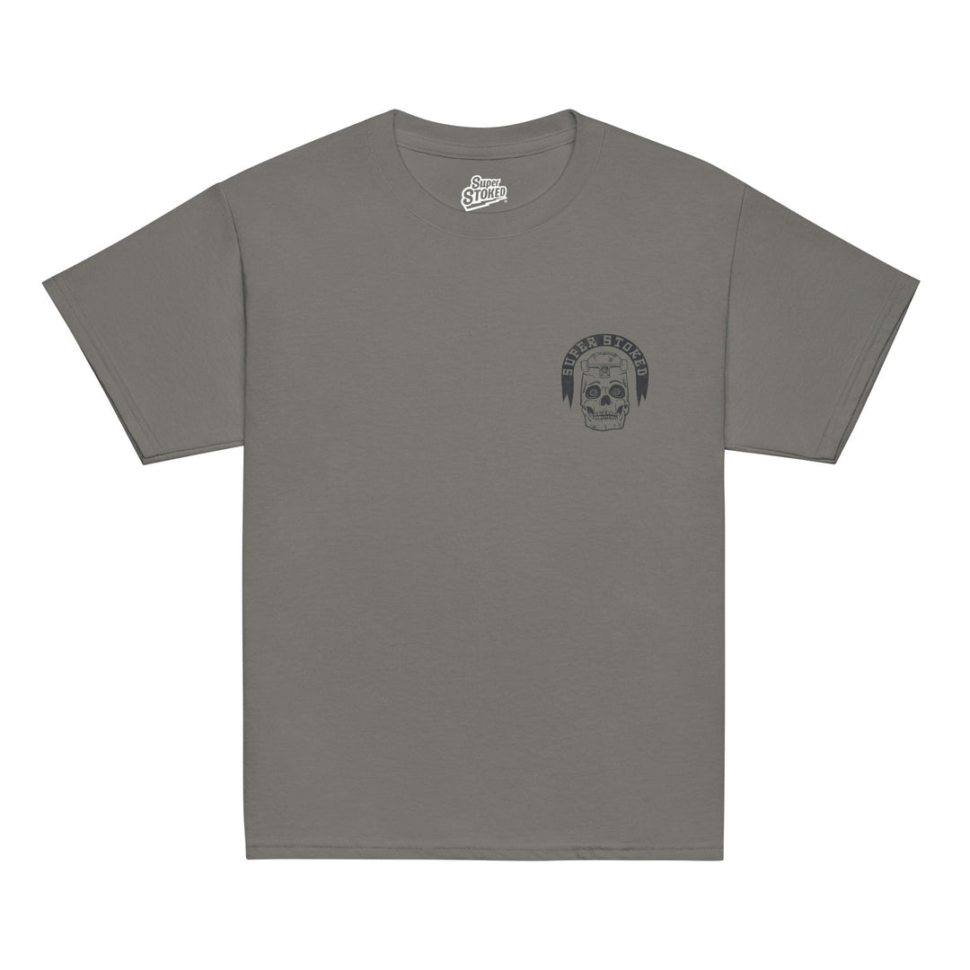 Skate or Die Youth Classic T-shirt in Charcoal, front view — Super Stoked