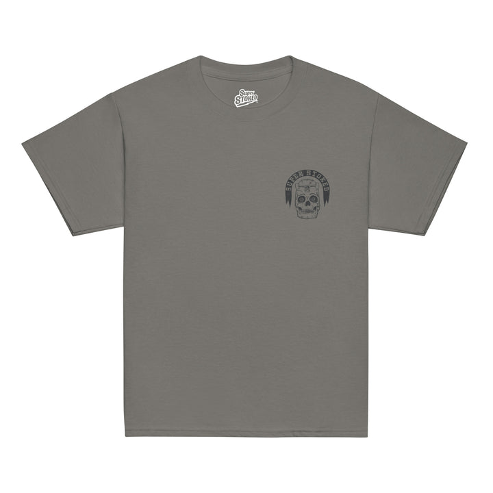 Skate or Die Youth Classic T-shirt in Charcoal, front view — Super Stoked