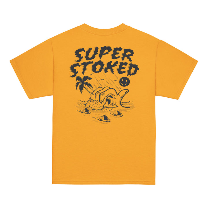 Sharker Barrel Youth Classic T-shirt in Gold, back view — Super Stoked