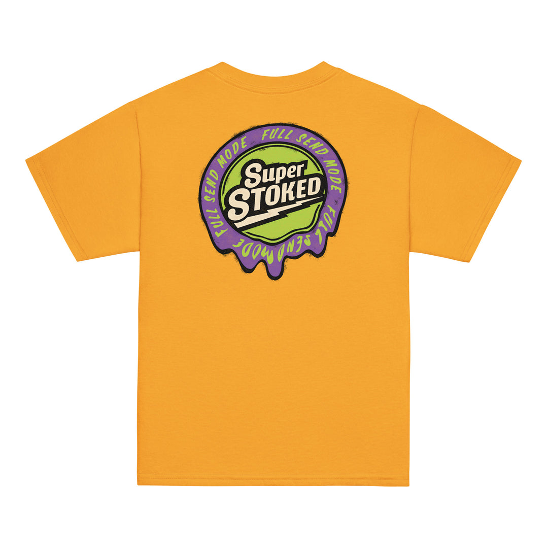 Melted Wax Youth Classic T-shirt in Gold, back view — Super Stoked
