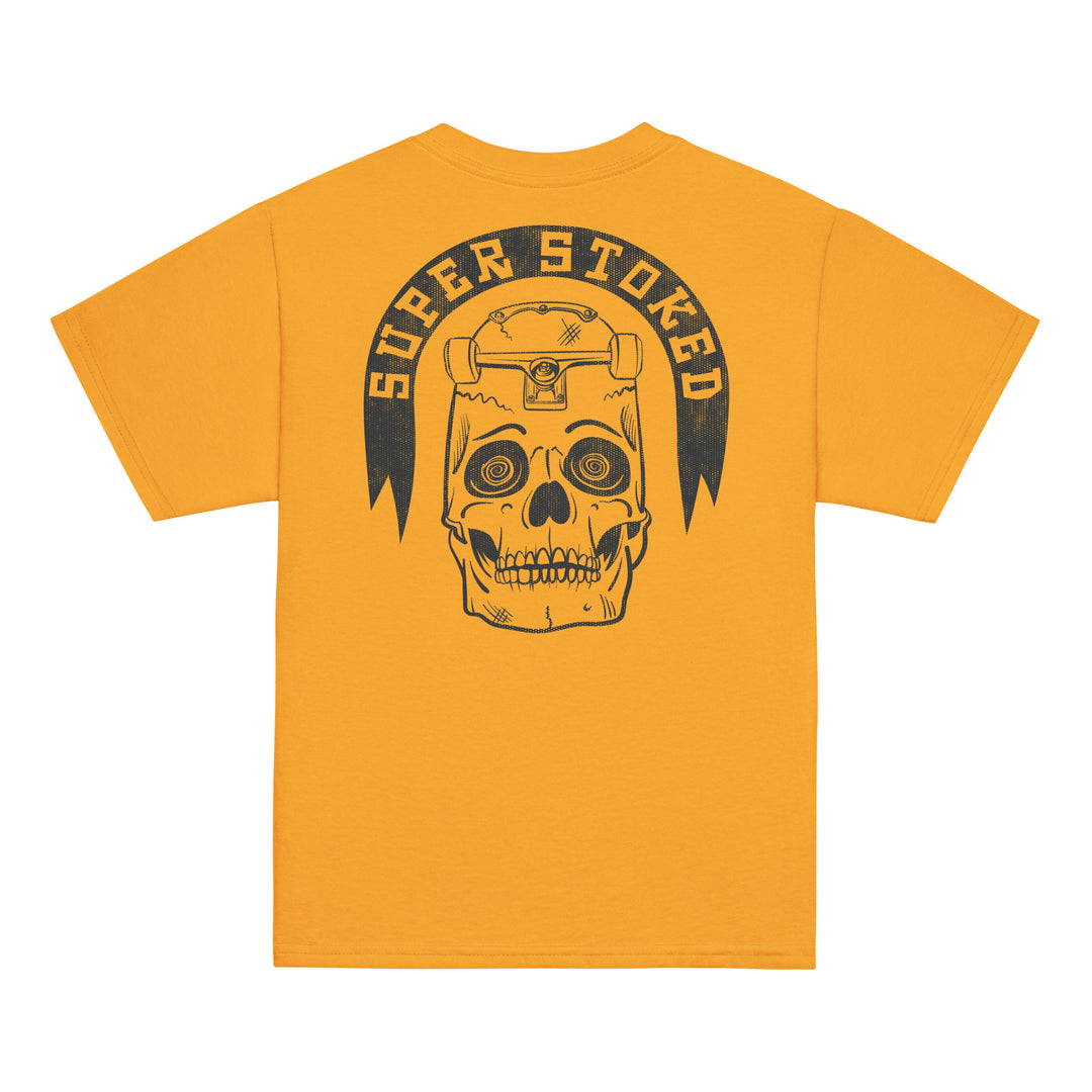 Skate or Die Youth Classic T-shirt in Gold, back view — Super Stoked