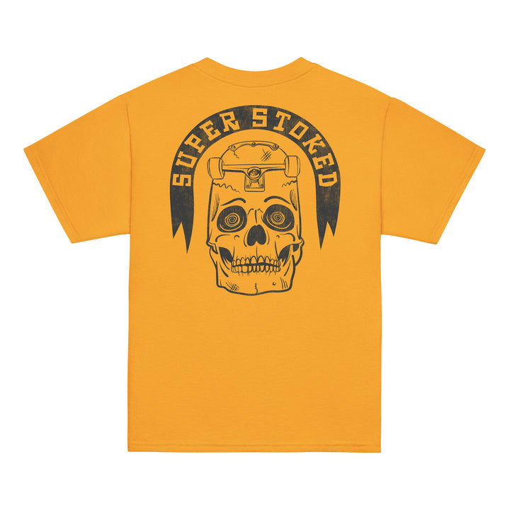 Skate or Die Youth Classic T-shirt in Gold, back view — Super Stoked