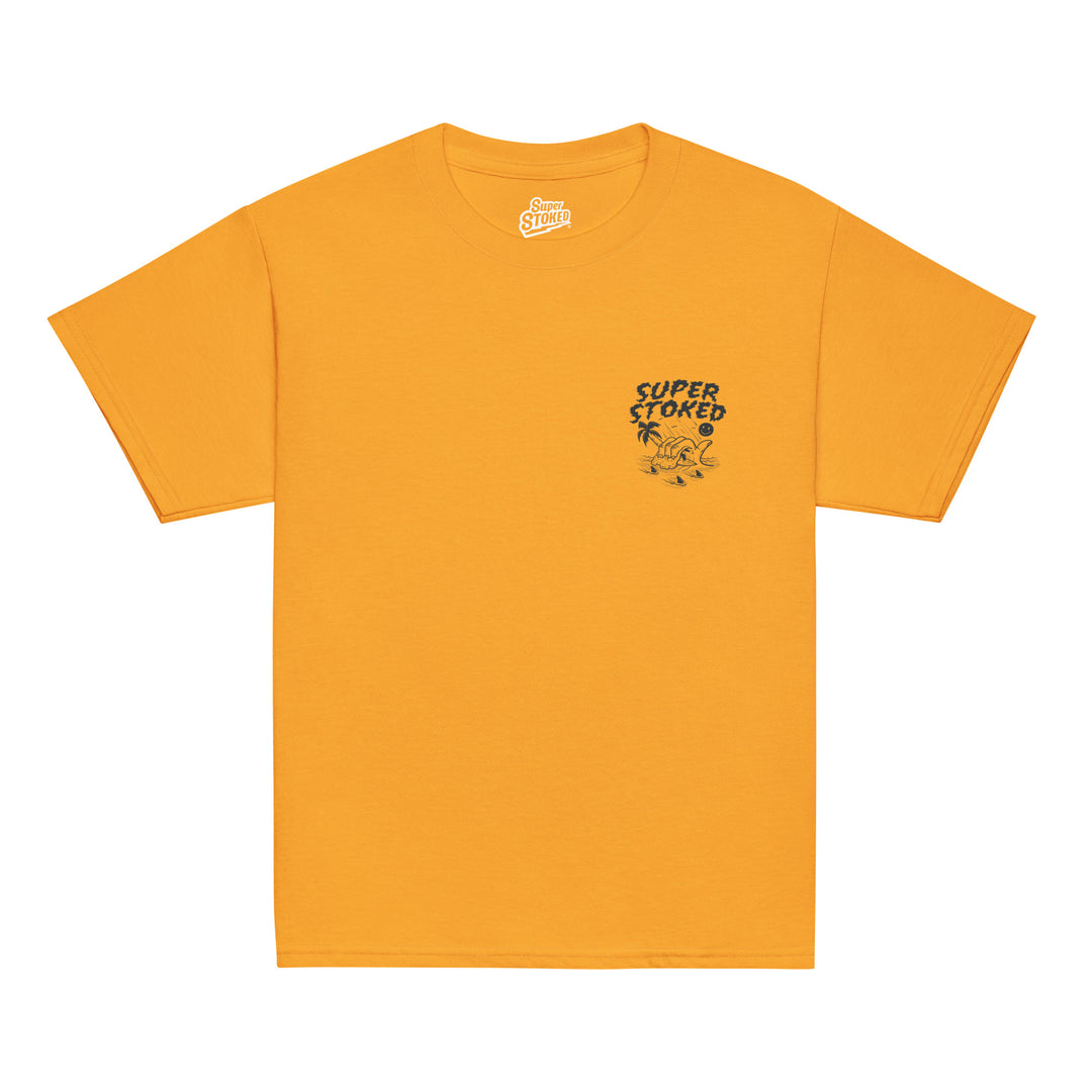 Sharker Barrel Youth Classic T-shirt in Gold, front view — Super Stoked