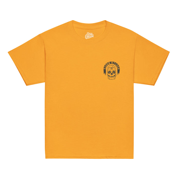 Skate or Die Youth Classic T-shirt in Gold, front view — Super Stoked