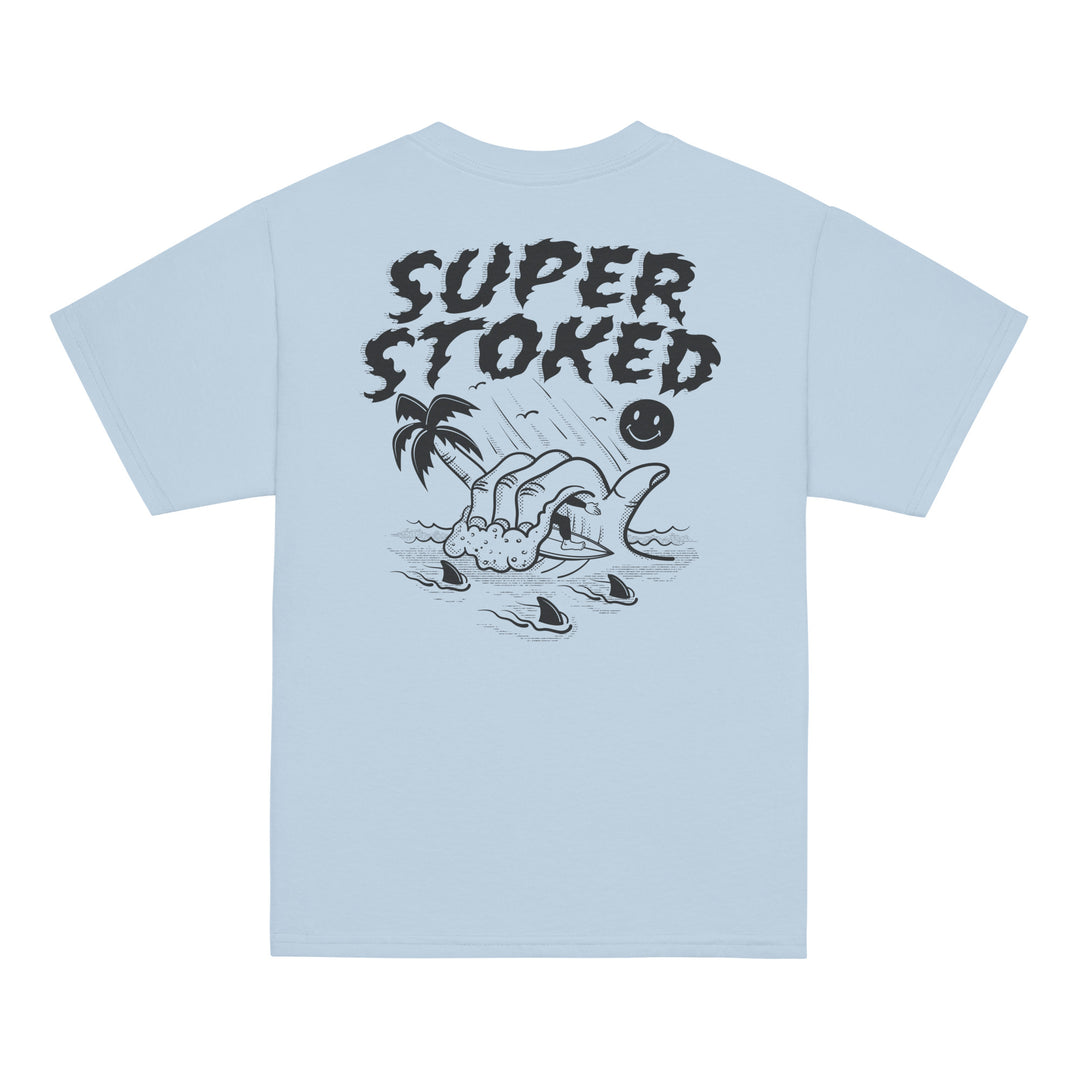Sharker Barrel Youth Classic T-shirt in Light Blue, back view — Super Stoked
