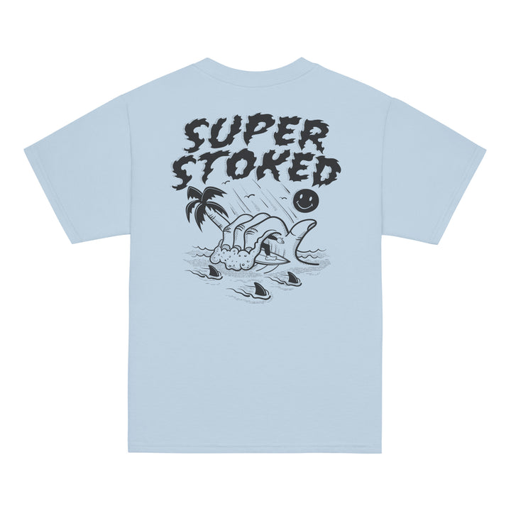 Sharker Barrel Youth Classic T-shirt in Light Blue, back view — Super Stoked