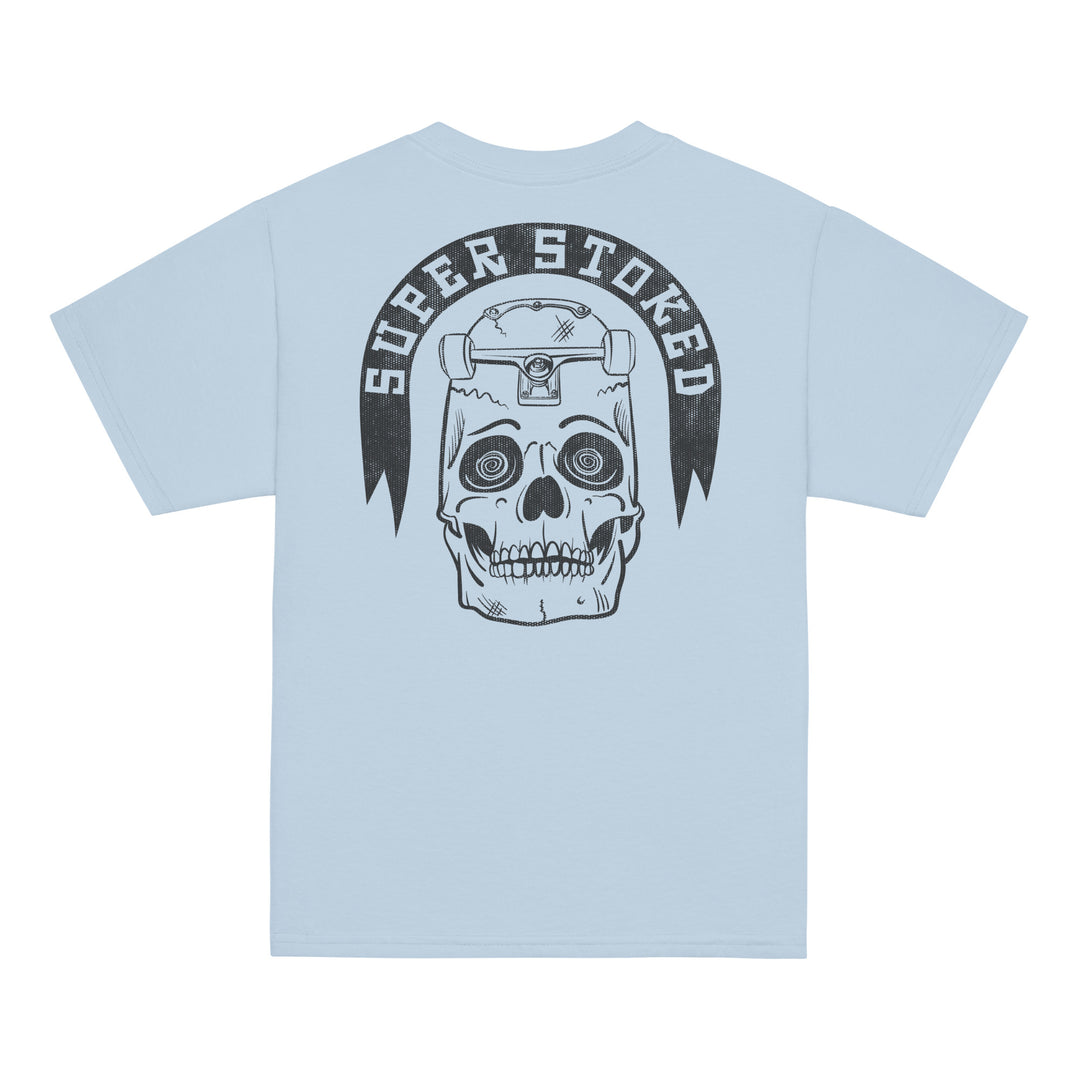 Skate or Die Youth Classic T-shirt in Light Blue, back view — Super Stoked