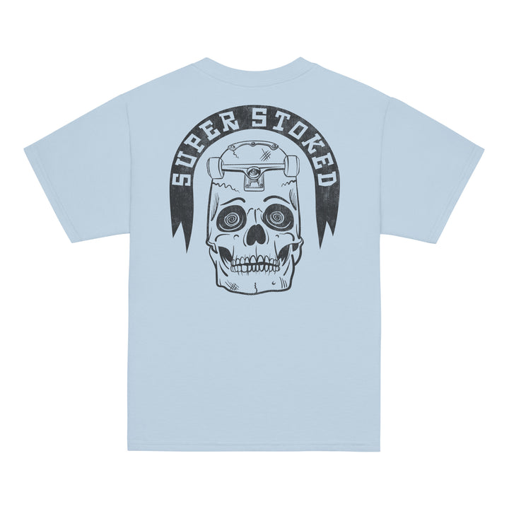 Skate or Die Youth Classic T-shirt in Light Blue, back view — Super Stoked