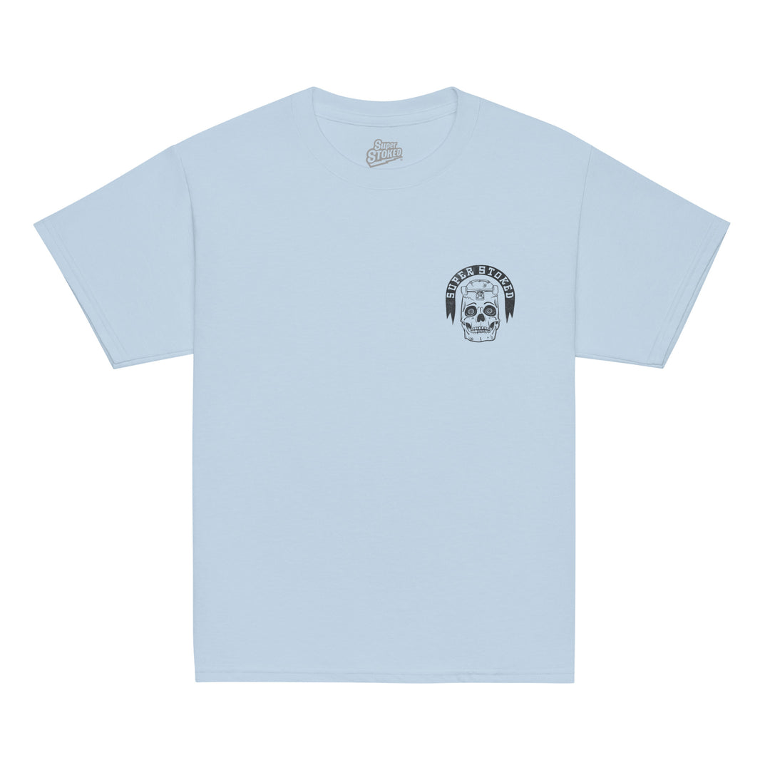 Skate or Die Youth Classic T-shirt in Light Blue, front view — Super Stoked