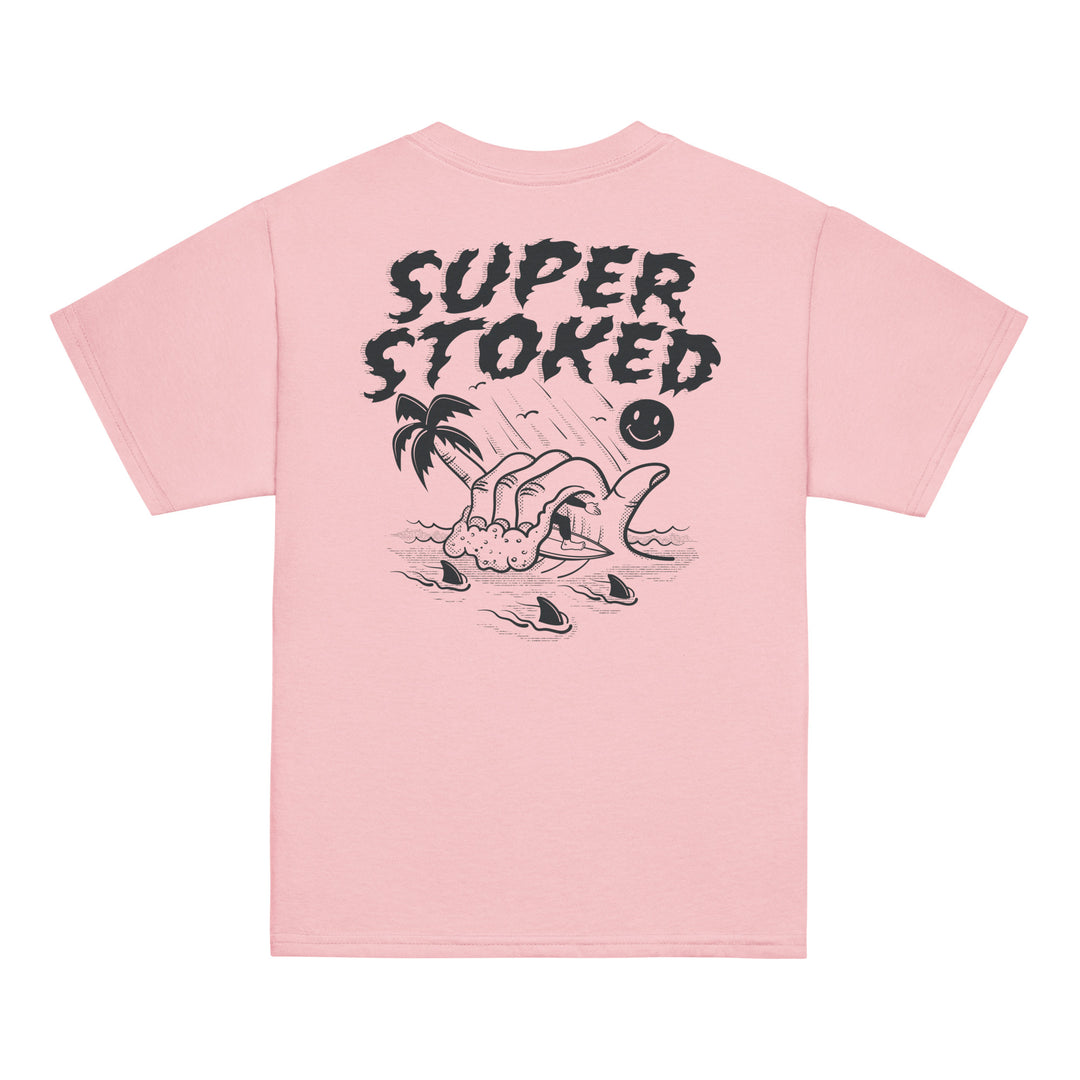 Sharker Barrel Youth Classic T-shirt in Light Pink, back view — Super Stoked
