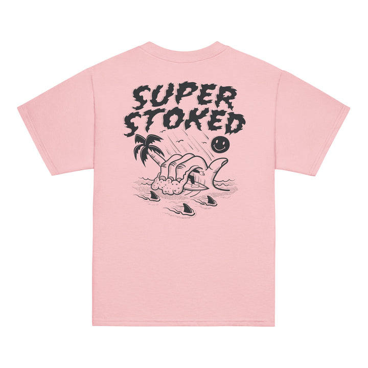 Sharker Barrel Youth Classic T-shirt in Light Pink, back view — Super Stoked
