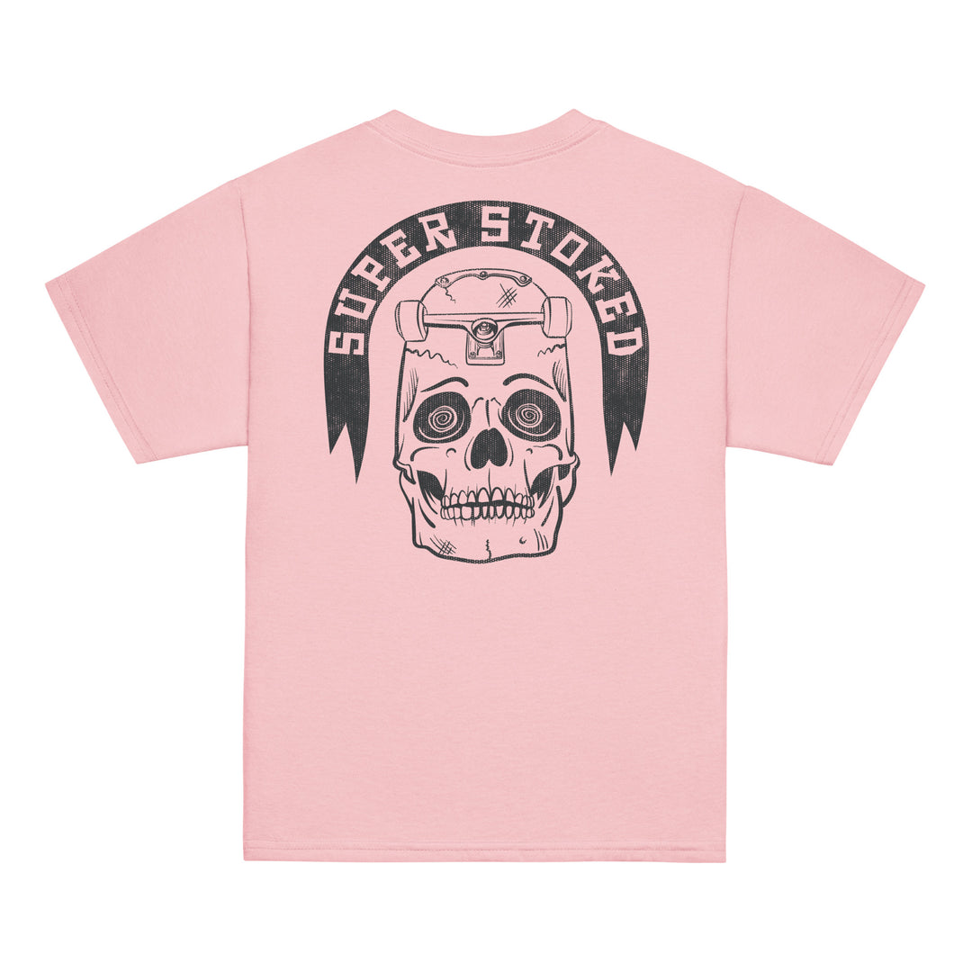 Skate or Die Youth Classic T-shirt in Light Pink, back view — Super Stoked