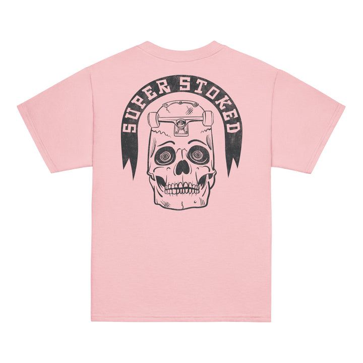 Skate or Die Youth Classic T-shirt in Light Pink, back view — Super Stoked
