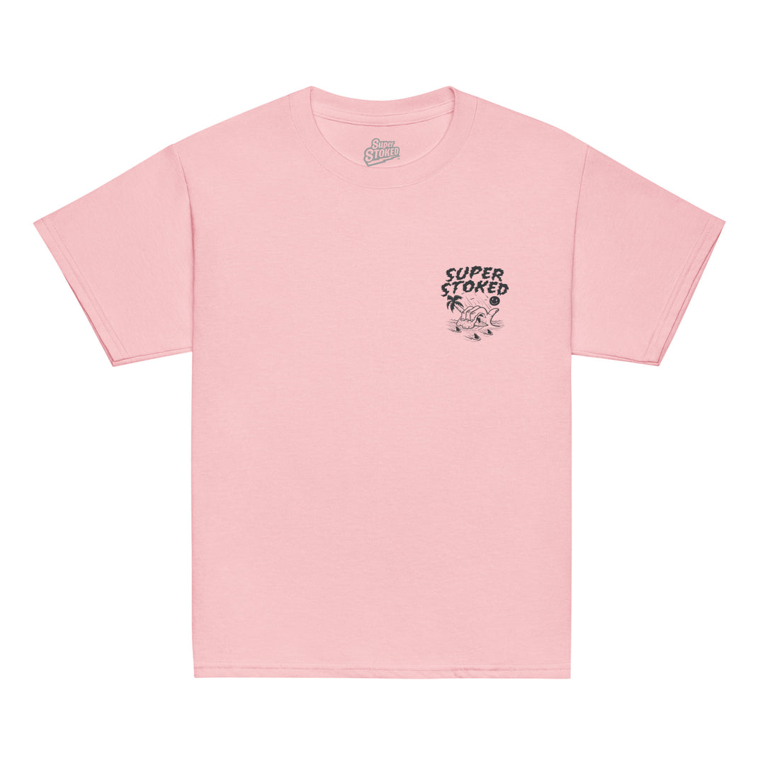 Sharker Barrel Youth Classic T-shirt in Light Pink, front view — Super Stoked