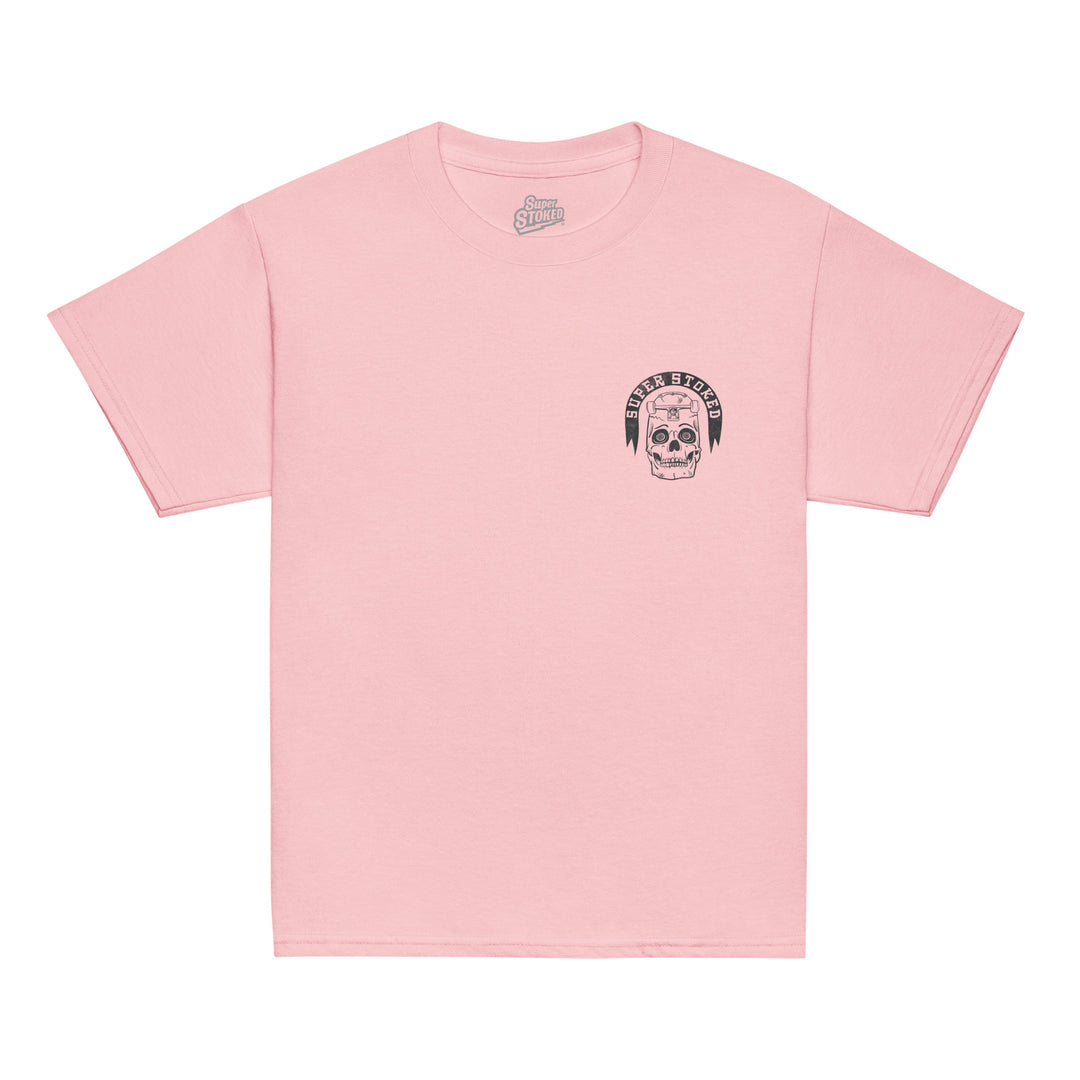 Skate or Die Youth Classic T-shirt in Light Pink, front view — Super Stoked