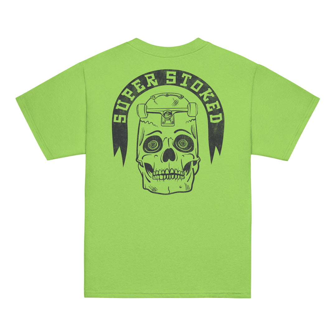 Skate or Die Youth Classic T-shirt in Lime, back view — Super Stoked