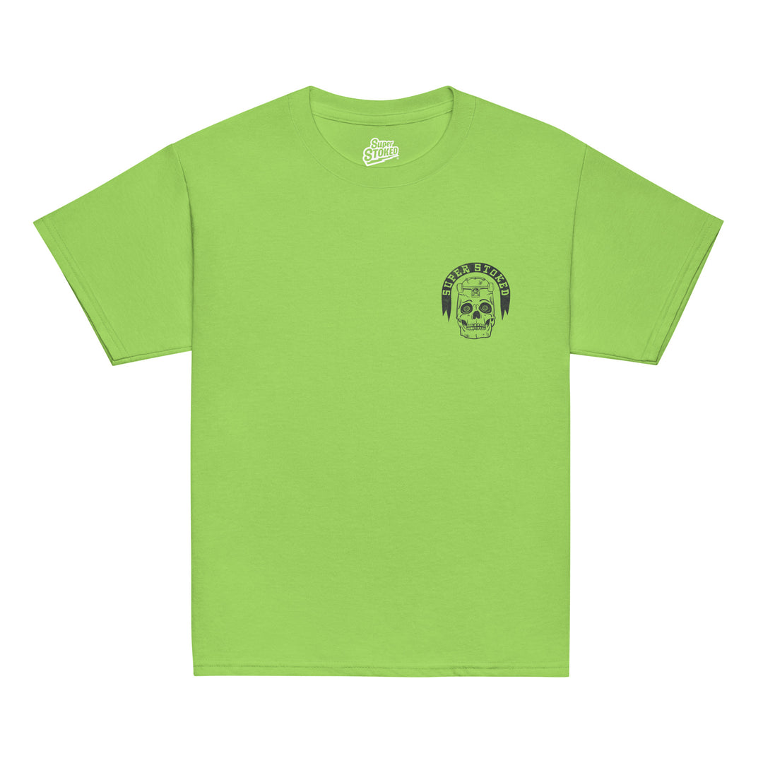 Skate or Die Youth Classic T-shirt in Lime, front view — Super Stoked