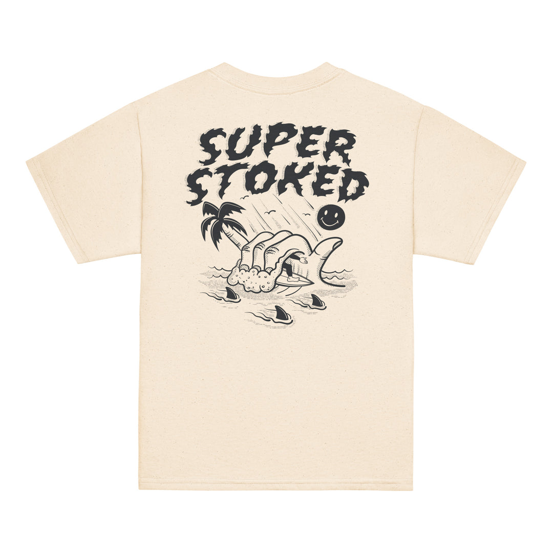 Sharker Barrel Youth Classic T-shirt in Natural, back view — Super Stoked