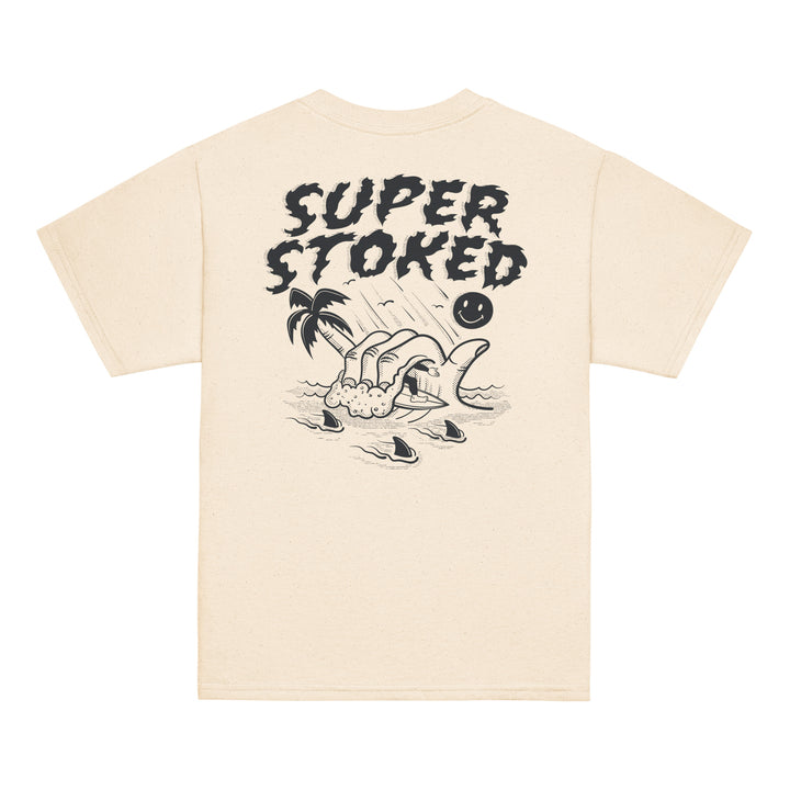 Sharker Barrel Youth Classic T-shirt in Natural, back view — Super Stoked
