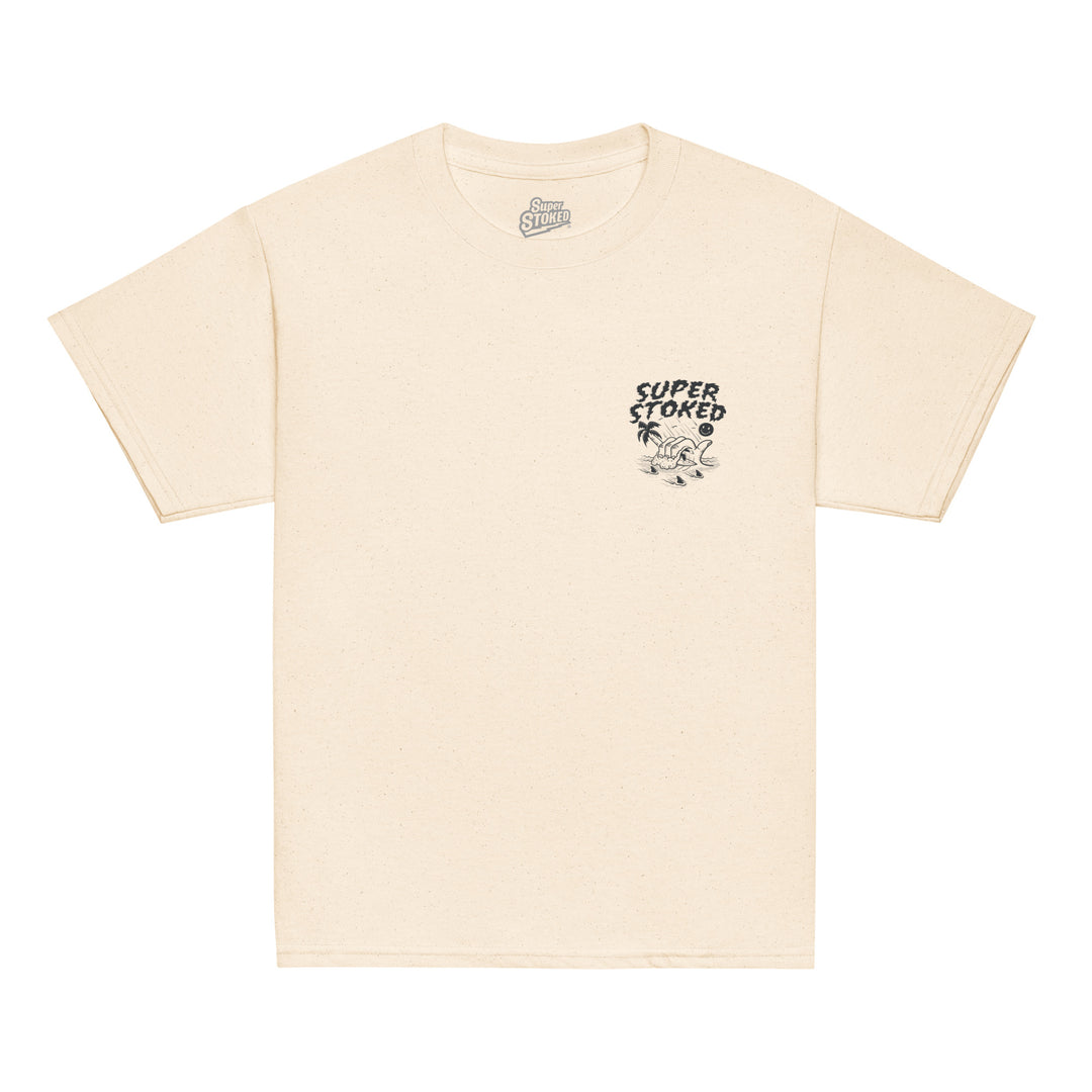 Sharker Barrel Youth Classic T-shirt in Natural, front view — Super Stoked