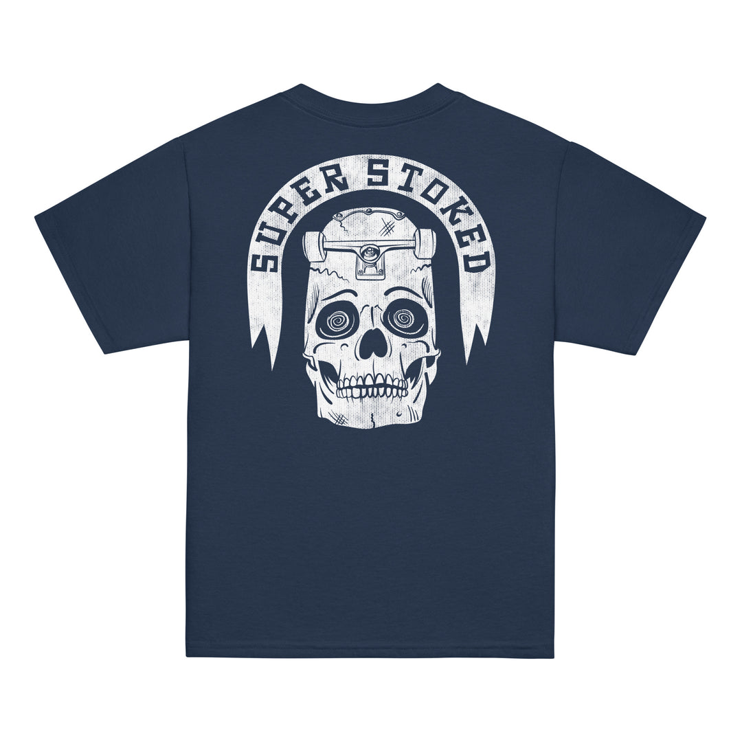 Skate or Die Dark Base Youth Classic T-shirt in Navy, back view — Super Stoked