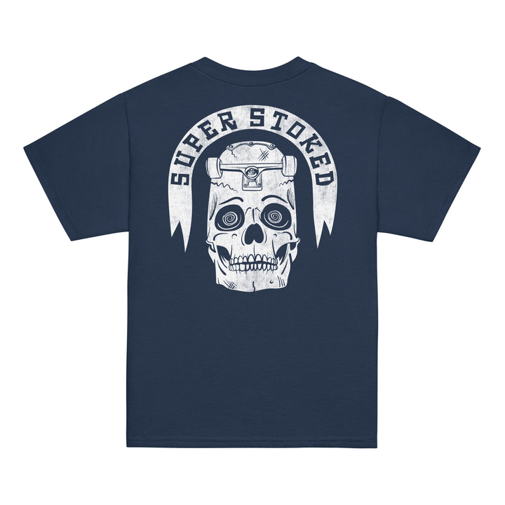 Skate or Die Dark Base Youth Classic T-shirt in Navy, back view — Super Stoked