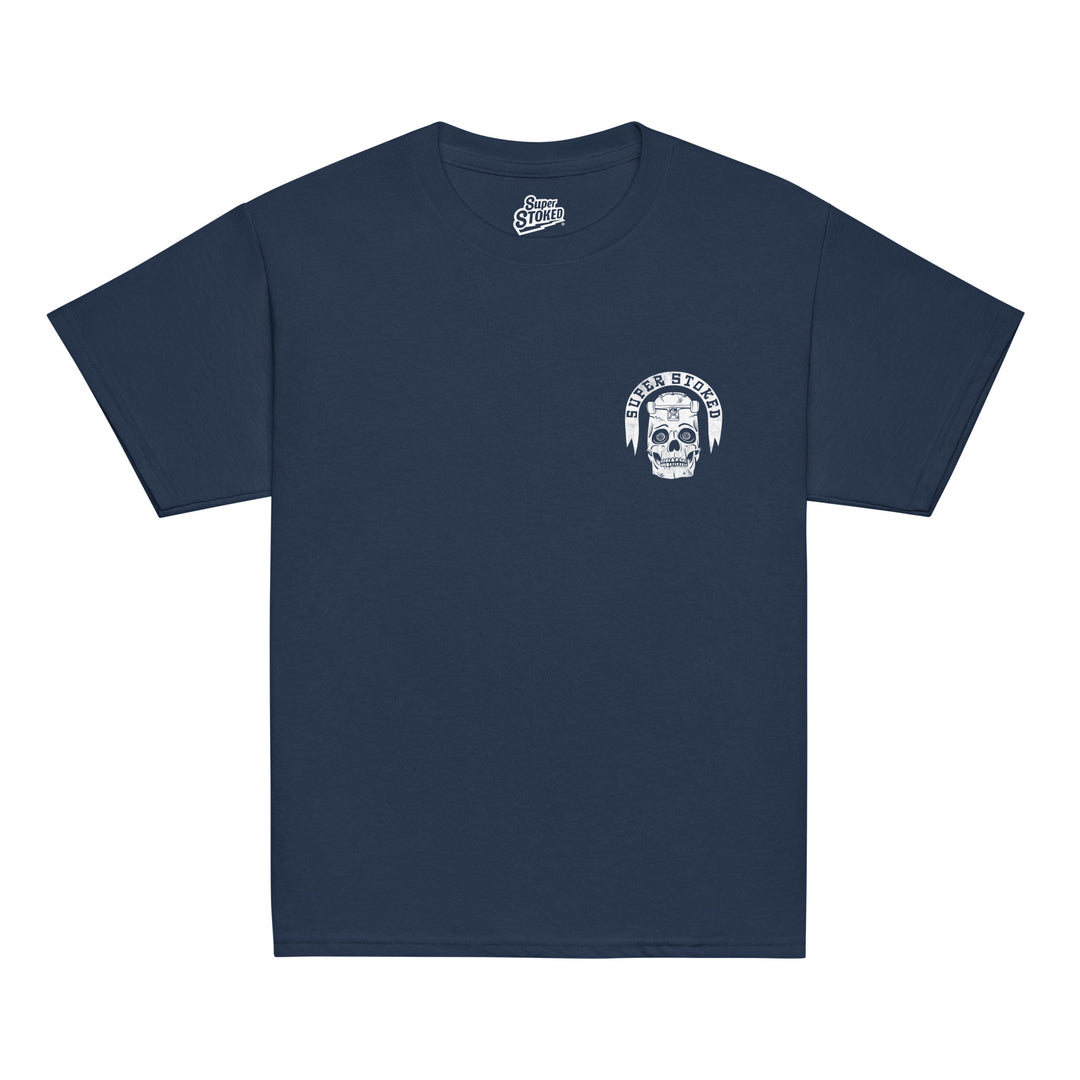 Skate or Die Dark Base Youth Classic T-shirt in Navy, front view — Super Stoked