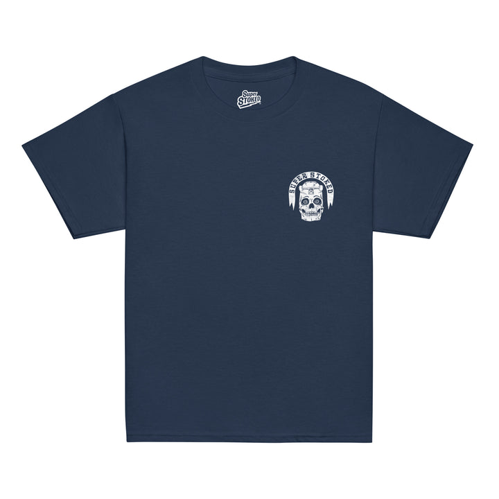 Skate or Die Dark Base Youth Classic T-shirt in Navy, front view — Super Stoked