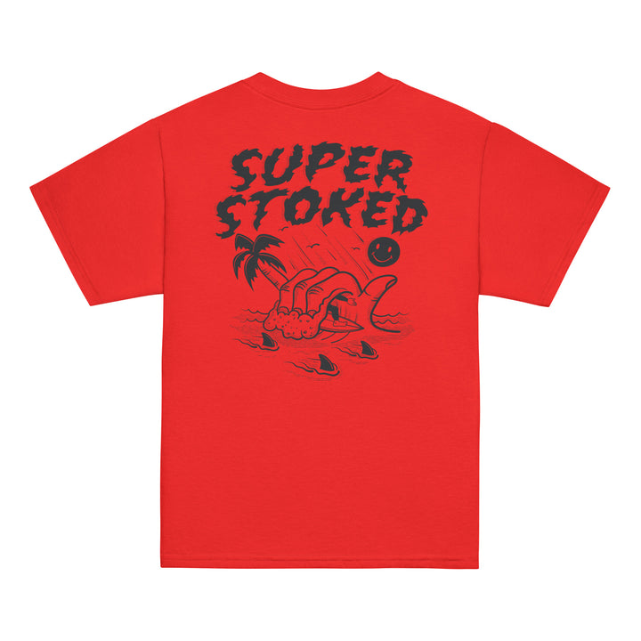 Sharker Barrel Youth Classic T-shirt in Red, back view — Super Stoked