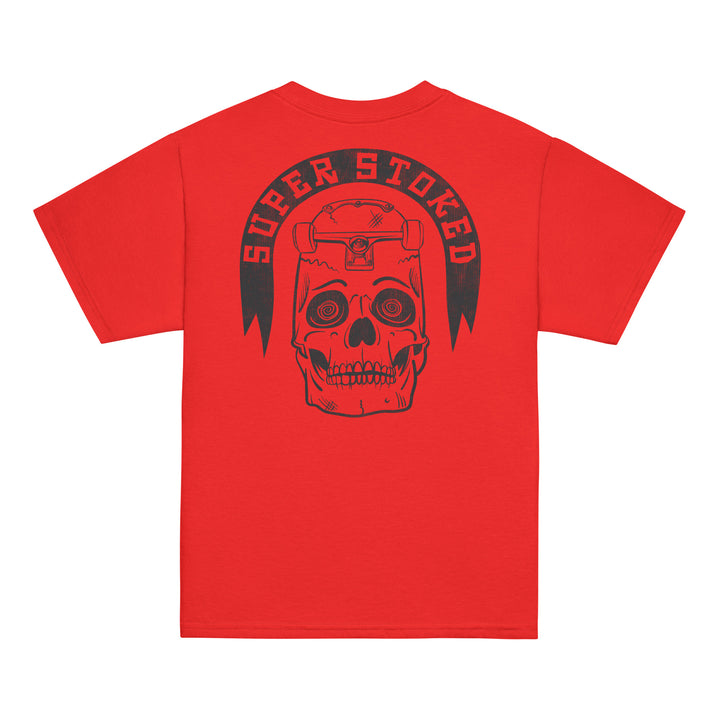 Skate or Die Youth Classic T-shirt in Red, back view — Super Stoked
