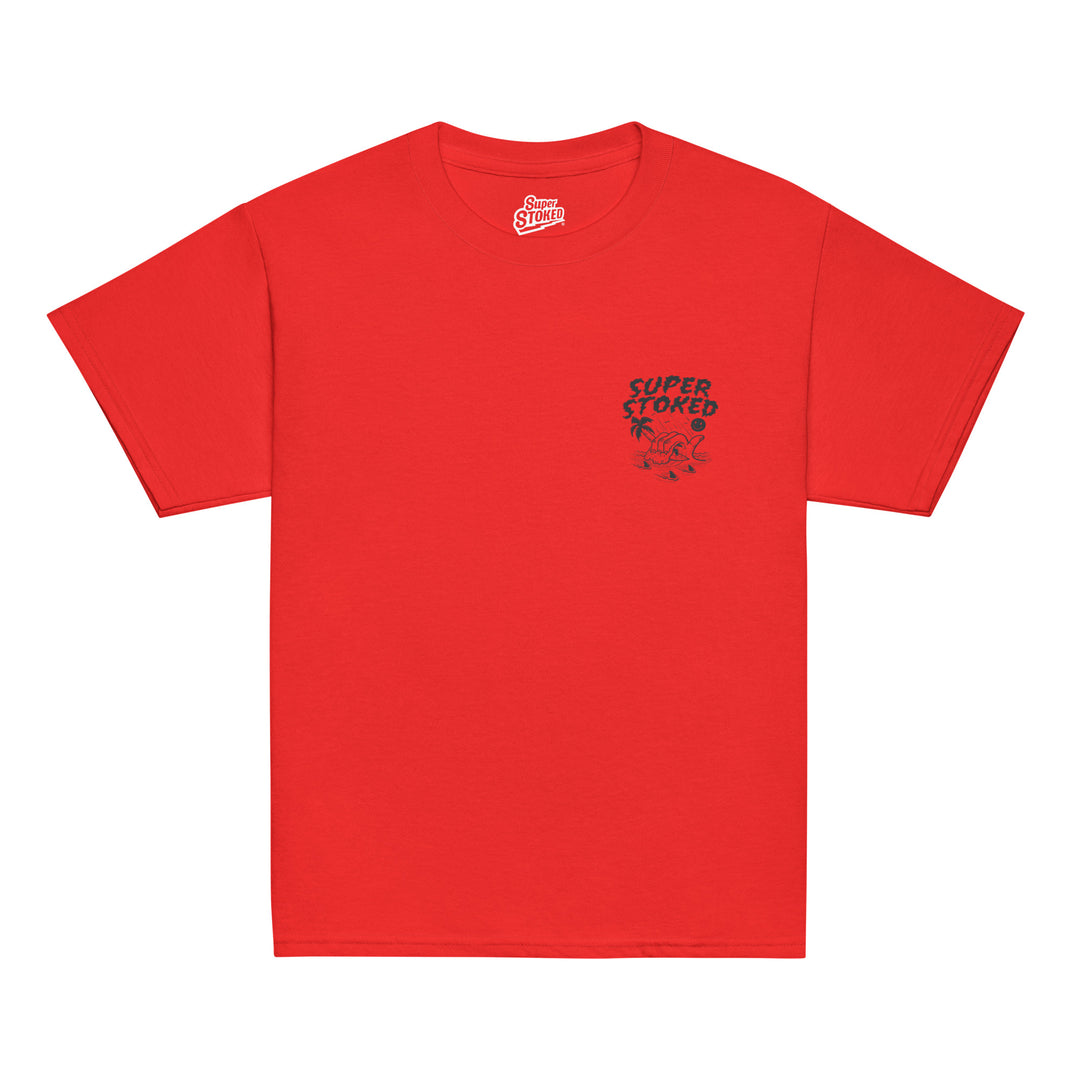 Sharker Barrel Youth Classic T-shirt in Red, front view — Super Stoked