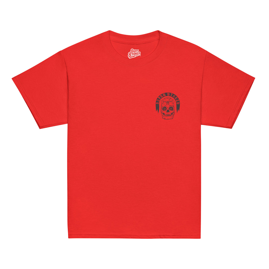 Skate or Die Youth Classic T-shirt in Red, front view — Super Stoked
