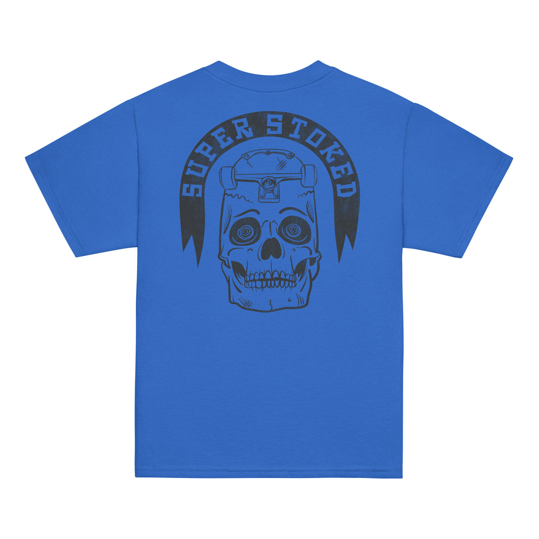 Skate or Die Youth Classic T-shirt in Royal, back view — Super Stoked