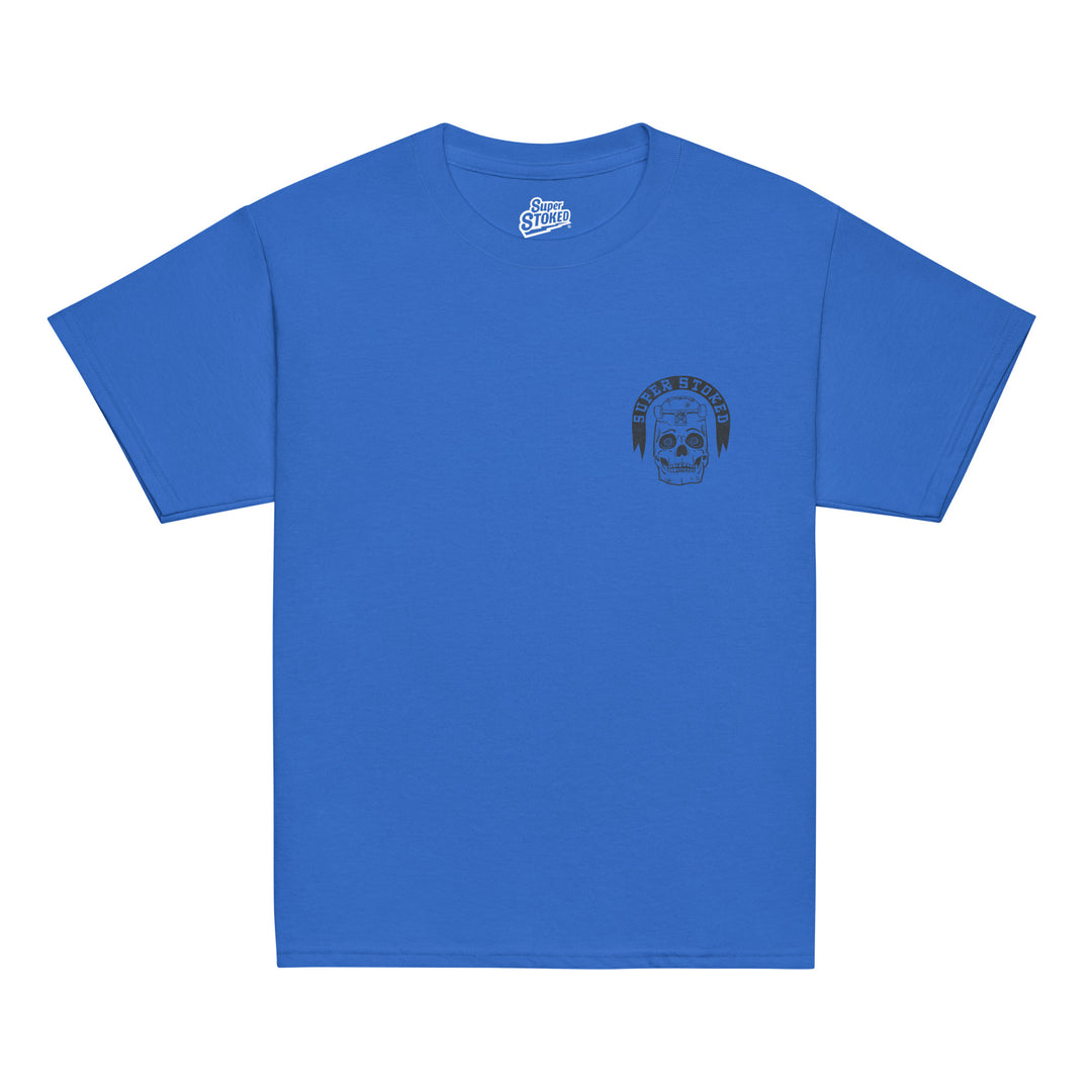 Skate or Die Youth Classic T-shirt in Royal, front view — Super Stoked