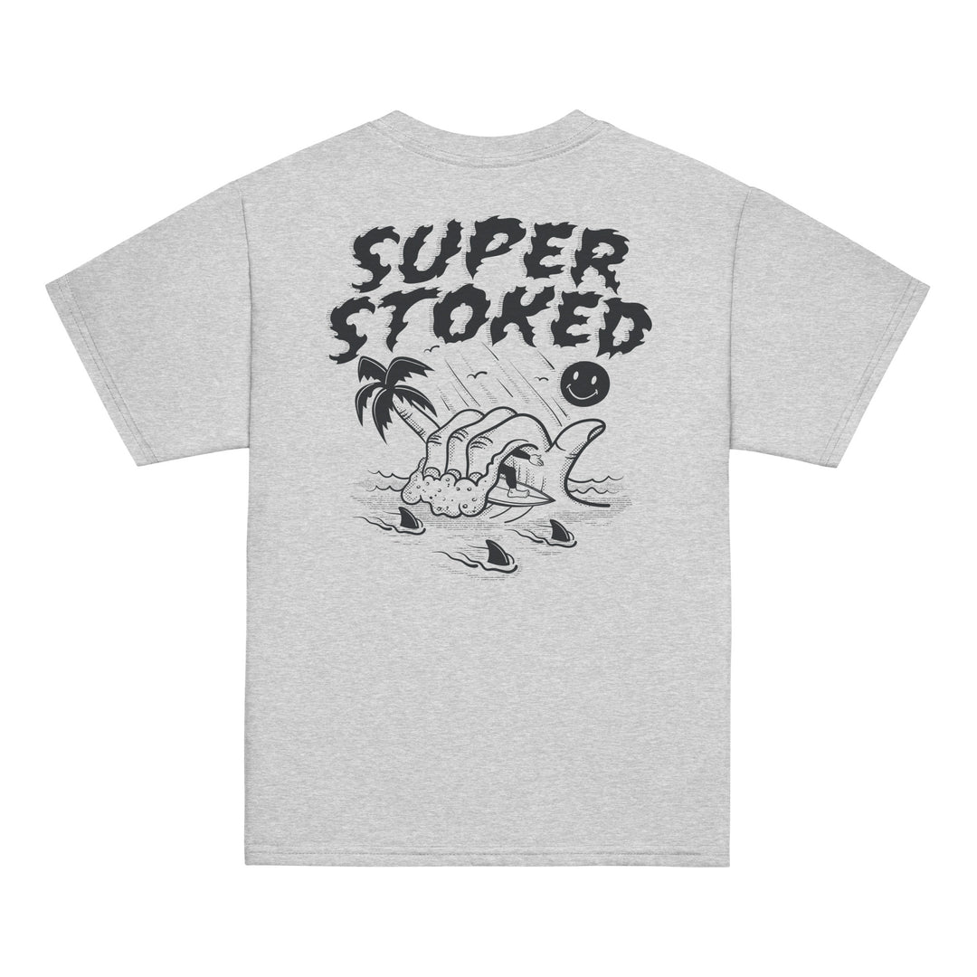 Sharker Barrel Youth Classic T-shirt in Sport Grey, back view — Super Stoked