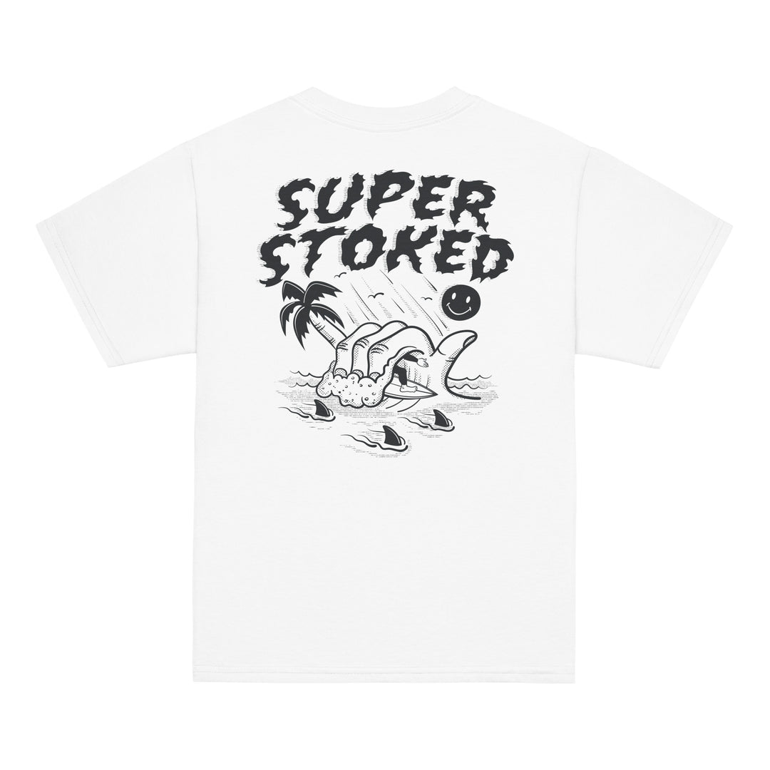 Sharker Barrel Youth Classic T-shirt in White, back view — Super Stoked